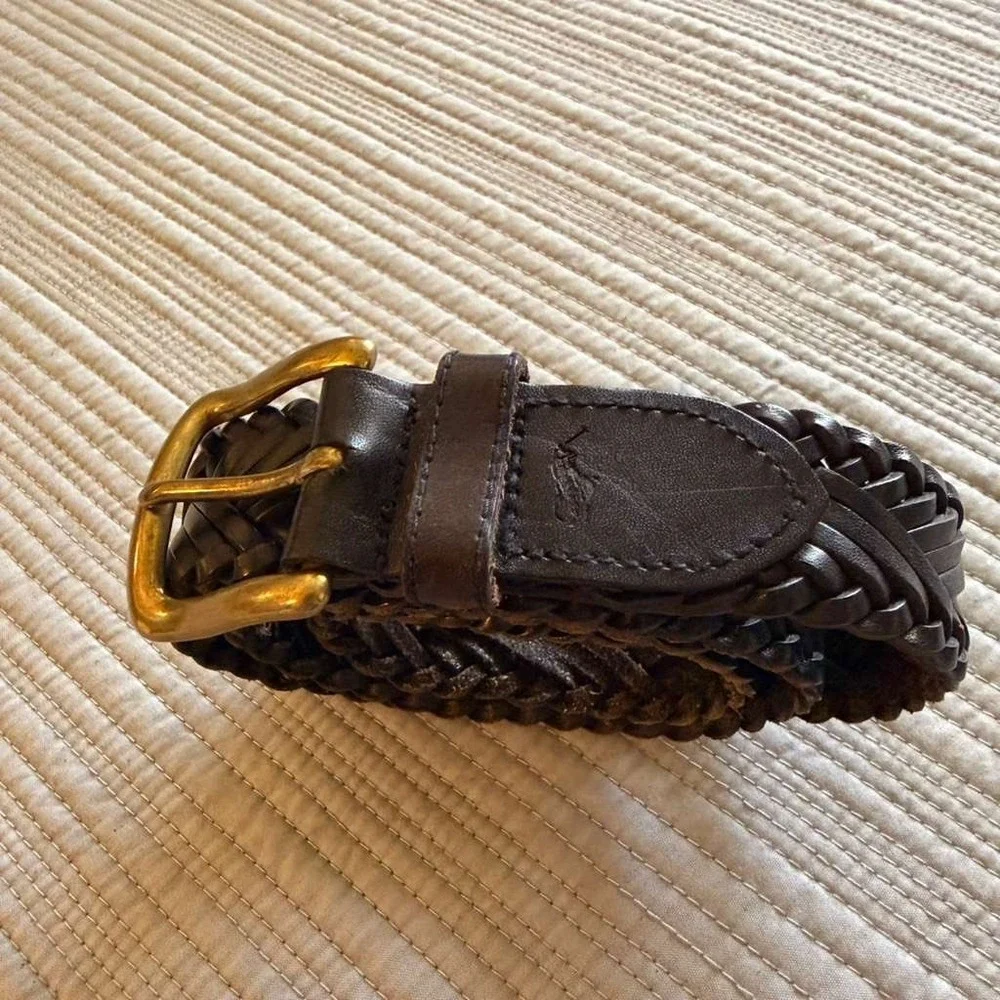 Polo Ralph Lauren Women's Braided Leather Belt Brown Brass Buckle Small‎